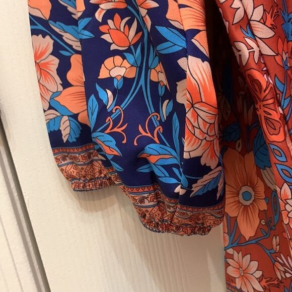 Made With ❤️ Dress Tunic Top V Neck 3/4 Sleeves Elastic Floral Orange Blue XXL - Picture 4 of 10